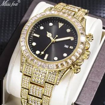 2021 Nové Módne Značky MISSFOX Quartz Hodinky Mužov Luxury Diamond Vodotesné Hodinky Hiphop 18K Zlata Hodiny Muž Reloj Hombre