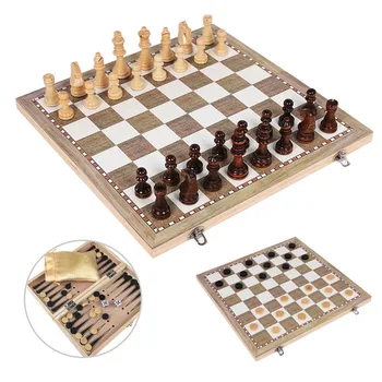 3 v 1 Skladací Drevený Šach Doska Set Cestovné Hry Šach Backgammon Dáma Hračka Chessmen Zábava Hry Doskové Hračky, Darčekové I1